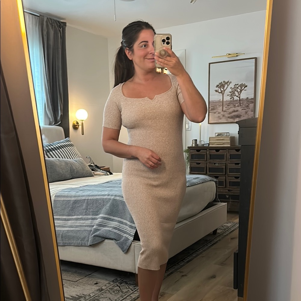 Tan Sleeveless Square Neck Bodycon Midi Dress